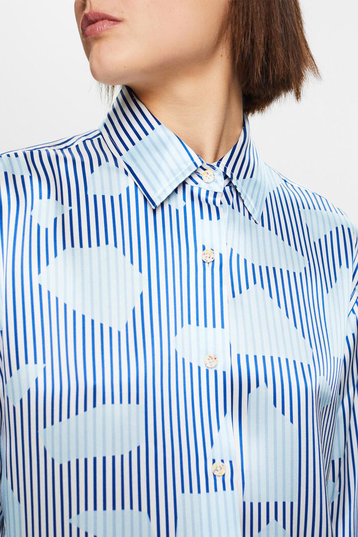Camisa de seda estampada sin botones en el cuello, BRIGHT BLUE, detail image number 3