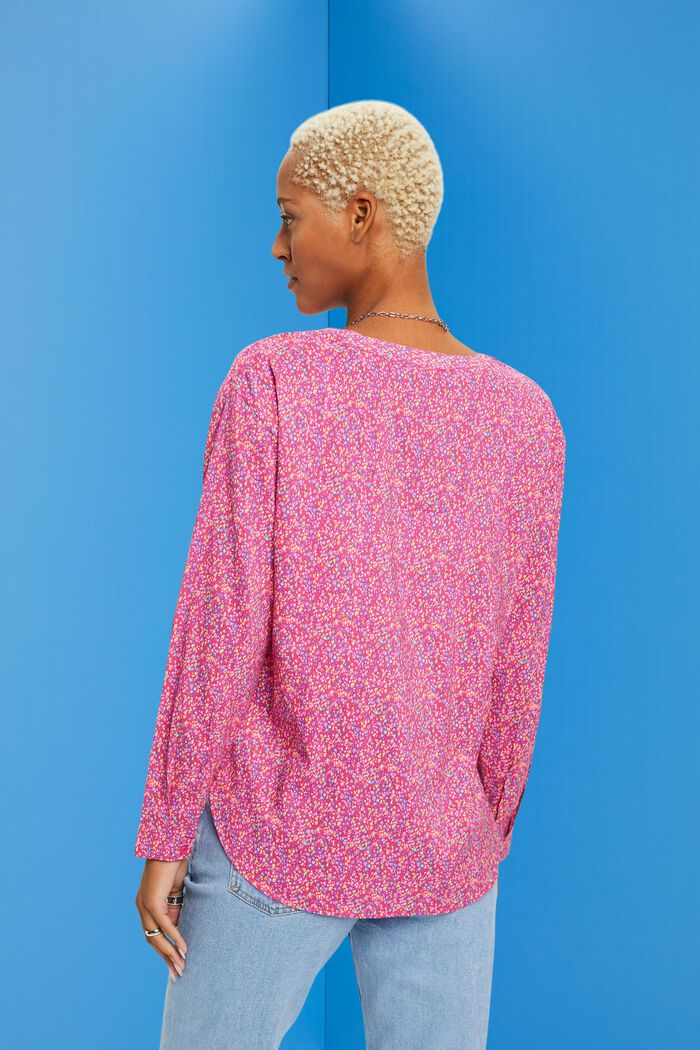 Blusa floral con cuello en pico y botones, PINK FUCHSIA, detail image number 3