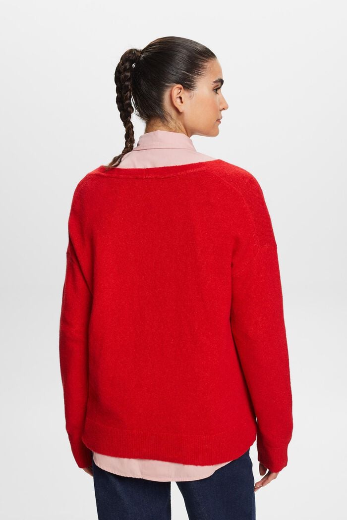 Jersey de cuello pico en mezcla de lana, DARK RED, detail image number 3