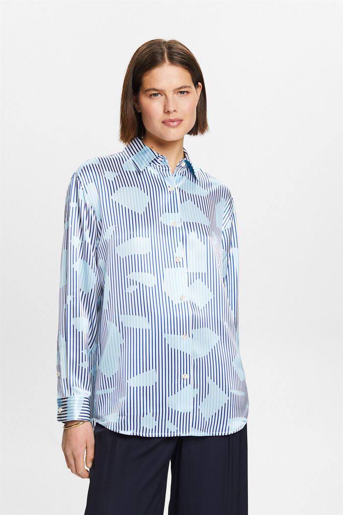 Camisa de seda estampada sin botones en el cuello, BRIGHT BLUE, detail image number 0