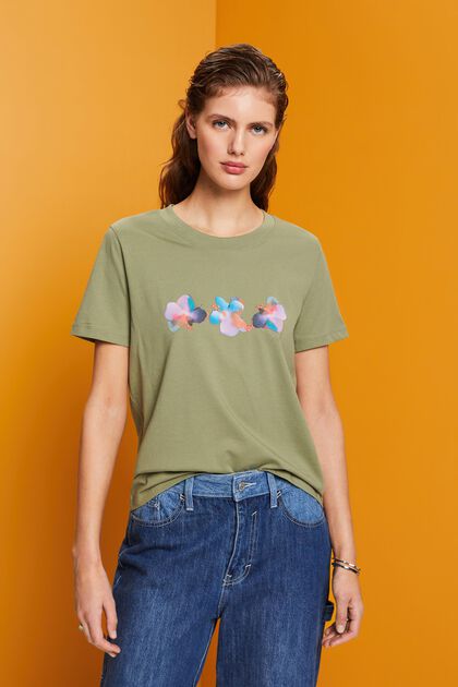 Camiseta de algodón con estampado floral, LIGHT KHAKI, overview