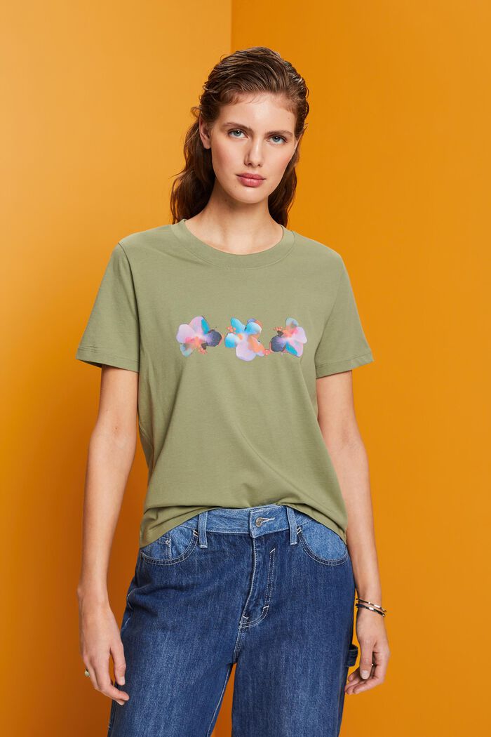 Camiseta de algodón con estampado floral, LIGHT KHAKI, detail image number 0