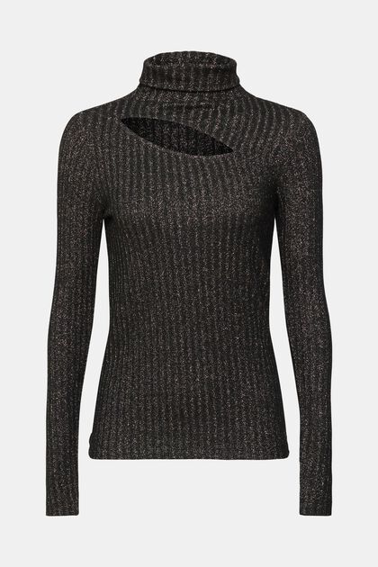 Suéter de cuello vuelto con abertura y efecto de brillo, BLACK, overview