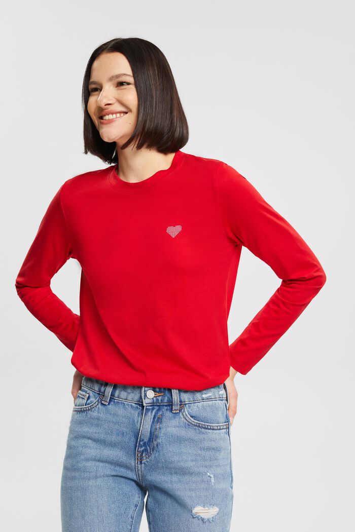 Camiseta de manga larga con estampado de corazones, 100% algodón, DARK RED, detail image number 0