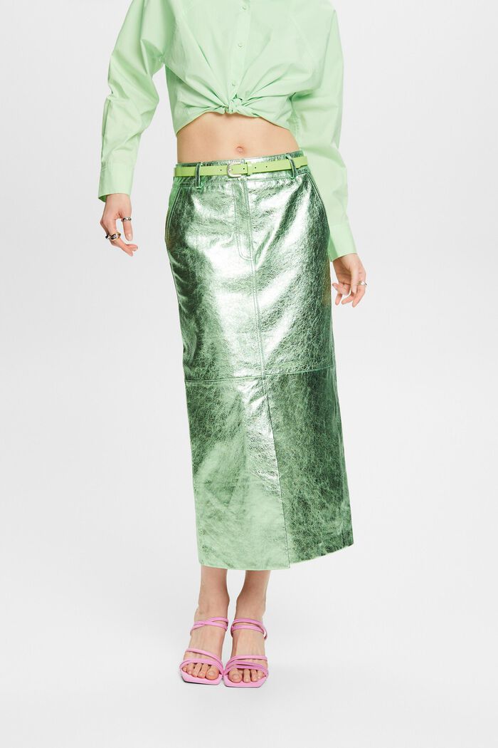 Falda revestida de cuero metalizada, LIGHT AQUA GREEN, detail image number 0