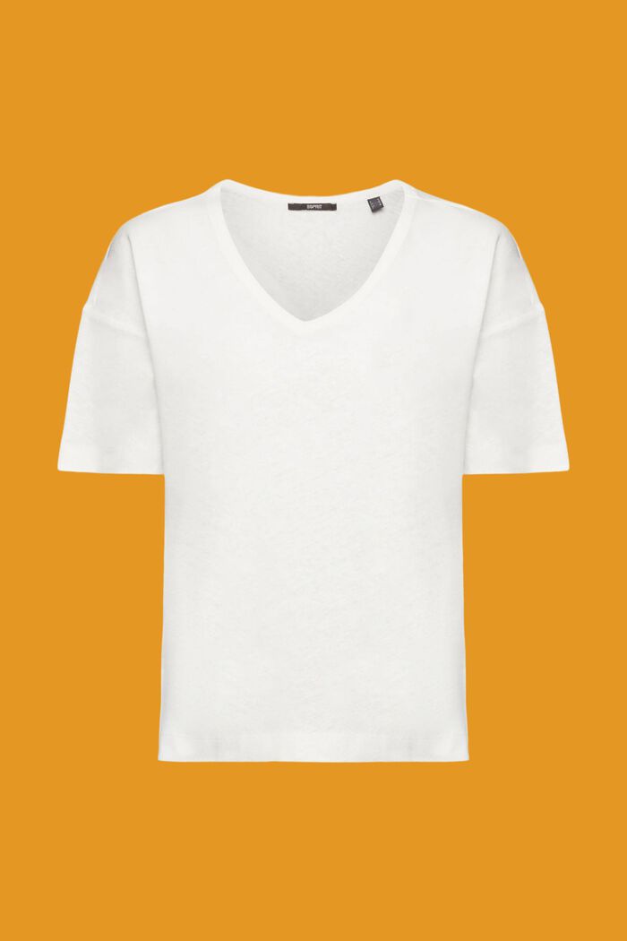 Camiseta de mezcla de lino con cuello en pico, OFF WHITE, detail image number 6