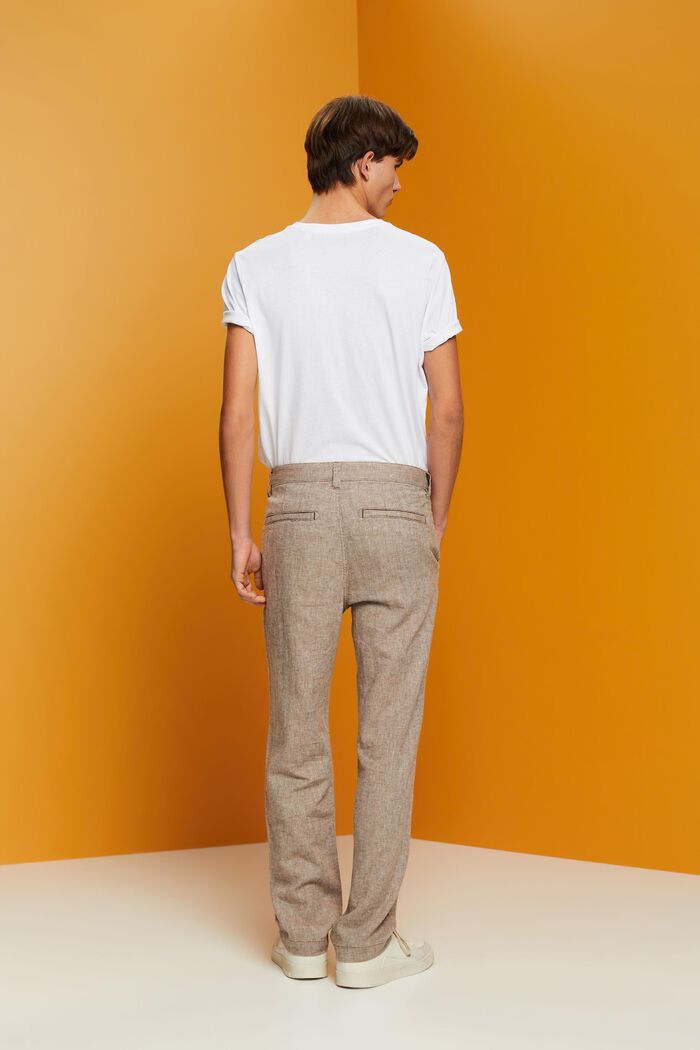 Pantalones en mezcla de algodón y lino con diseño de espiga, DARK BROWN, detail image number 3