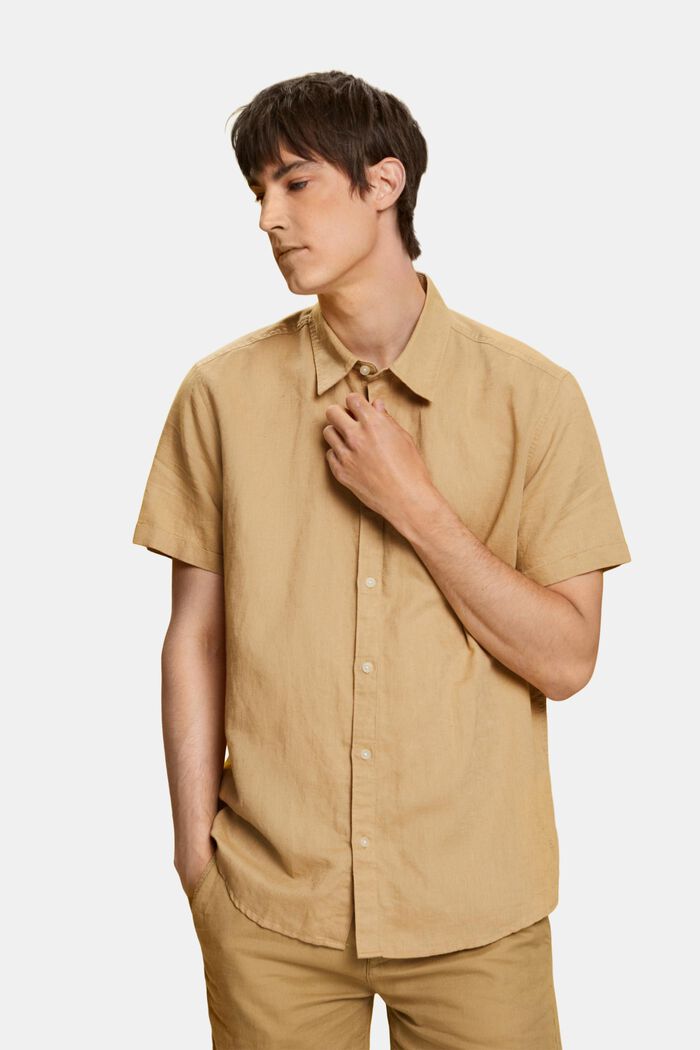 Camisa de manga corta confeccionada en una mezcla de lino y algodón, BEIGE, detail image number 0