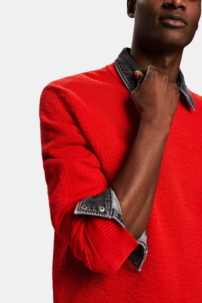 Jersey de cuello redondo con textura, RED, detail image number 3