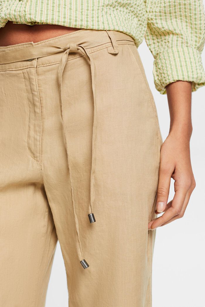 Pantalón wide leg de lino con cinturón, BEIGE, detail image number 4