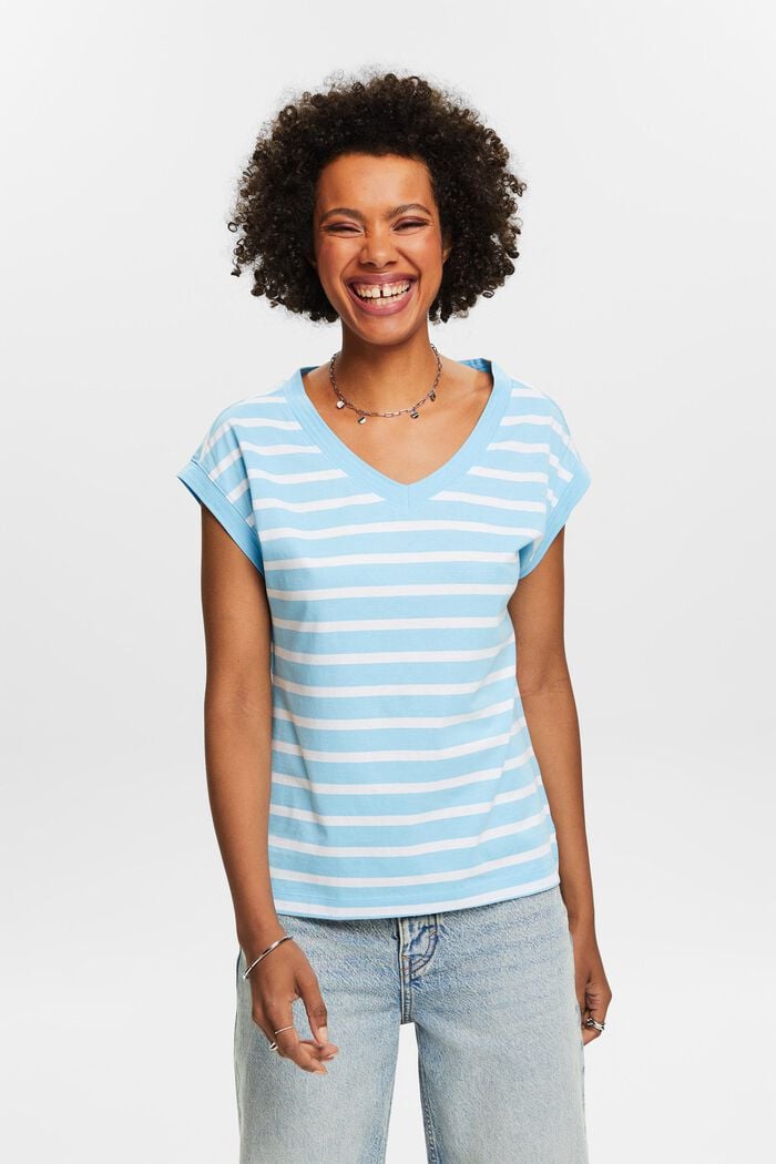 Camiseta de rayas con cuello en pico, LIGHT TURQUOISE, detail image number 0