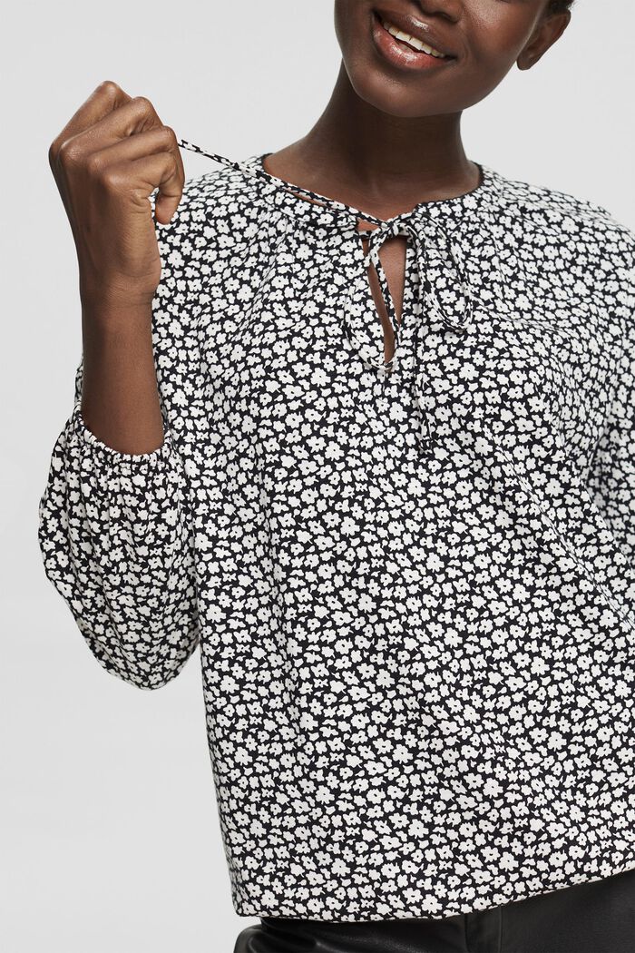 Camiseta de manga larga con aspecto de blusa en mezcla de algodón ecológico, BLACK, detail image number 0
