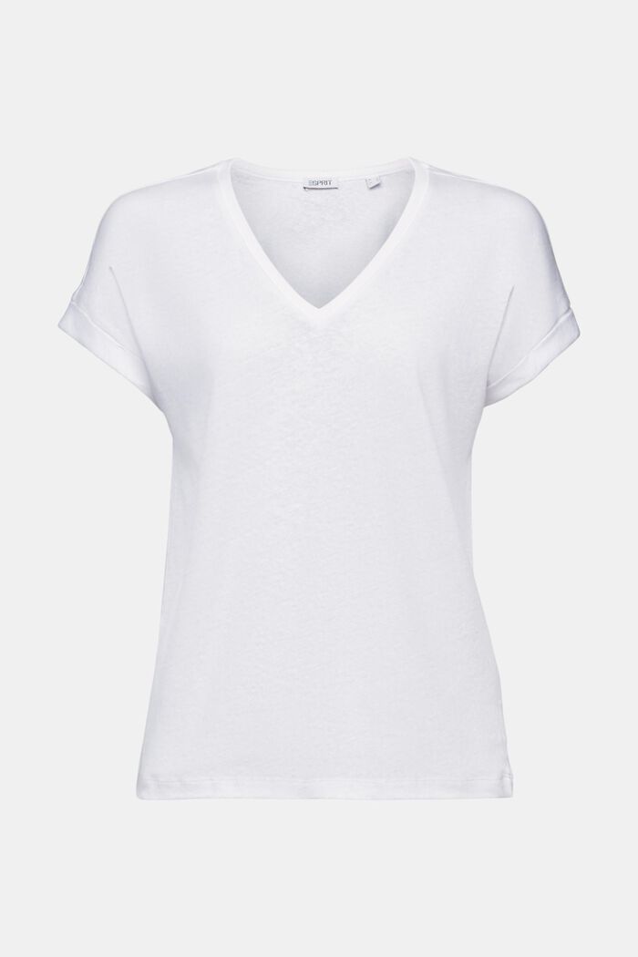 Camiseta de algodón y lino con el cuello pico, WHITE, detail image number 5