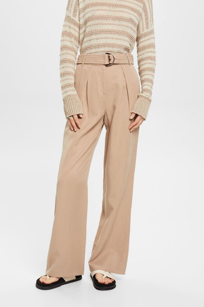 Pantalones anchos de talle alto en mezcla de lino con cinturón, TAUPE, detail image number 0