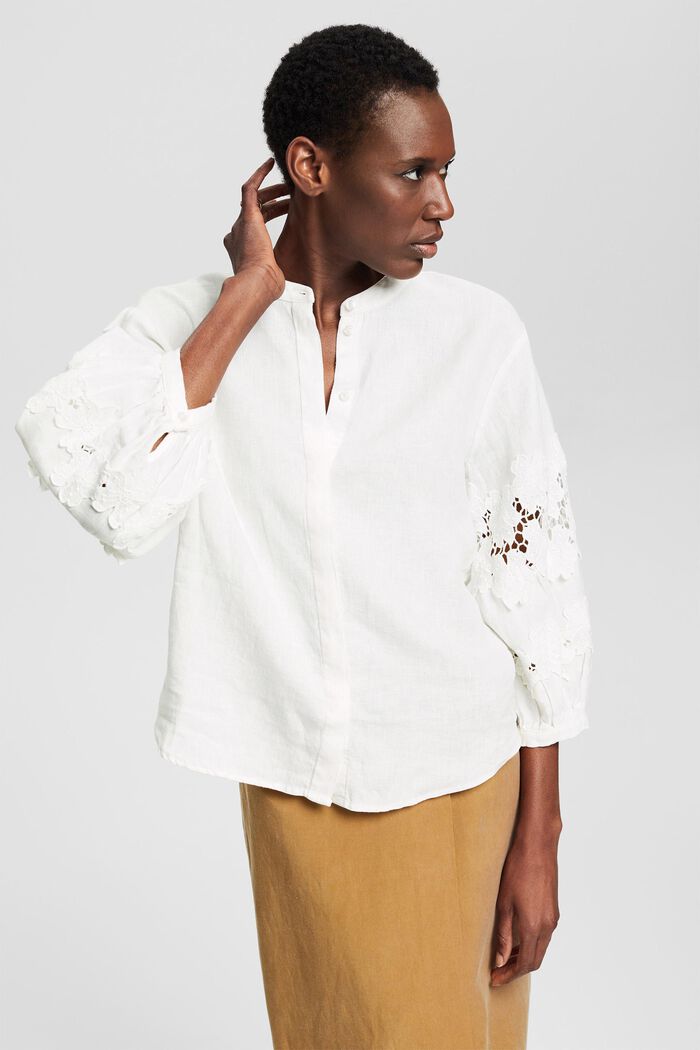 Blusa de lino con bordado de flores, OFF WHITE, detail image number 5