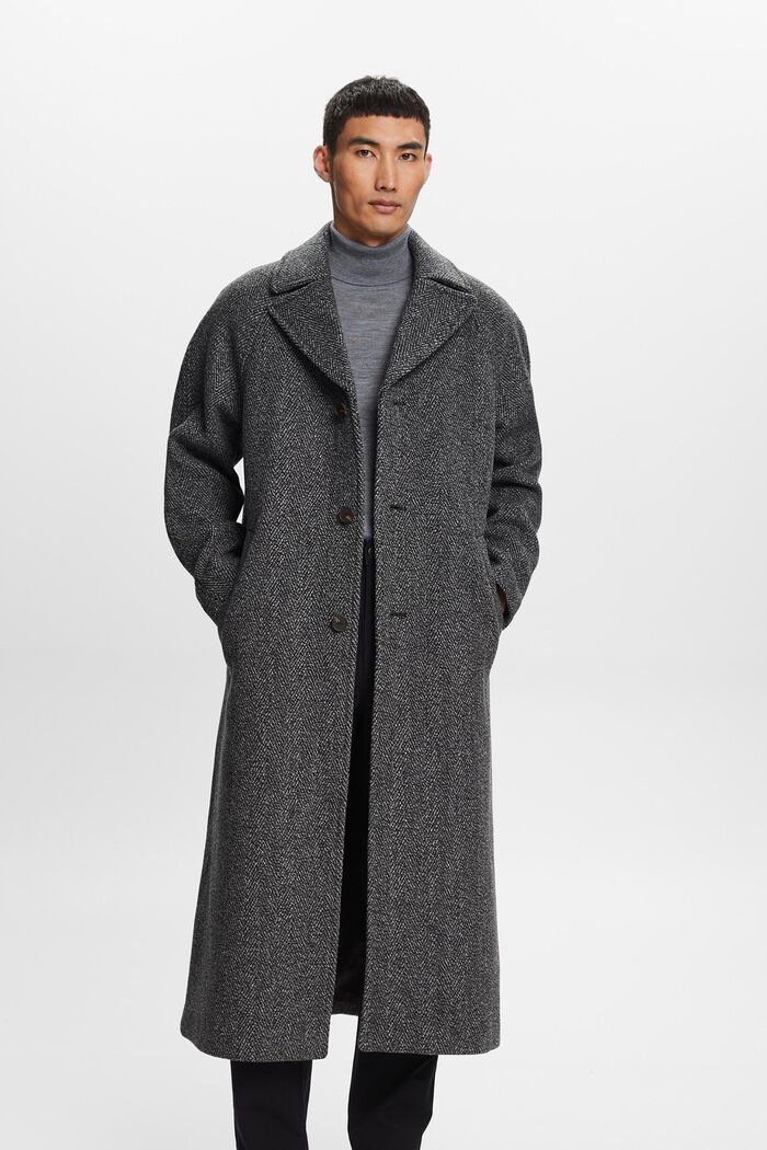 Abrigo en mezcla de lana con diseño de espiga, BLACK, detail image number 0