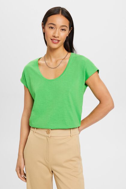 Camiseta de algodón con cuello en U, GREEN, overview