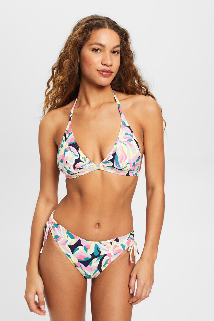 Top de bikini con cuello halter y estampado floral, NAVY, detail image number 0