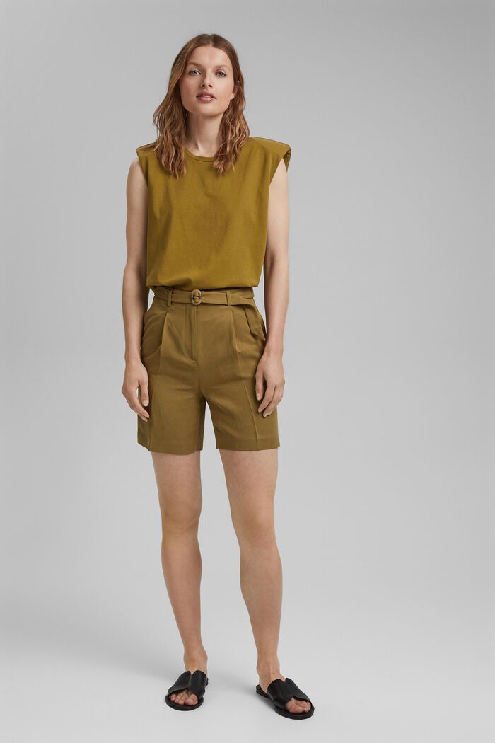 Con lino: shorts de cintura alta con cinturón, OLIVE, detail image number 1