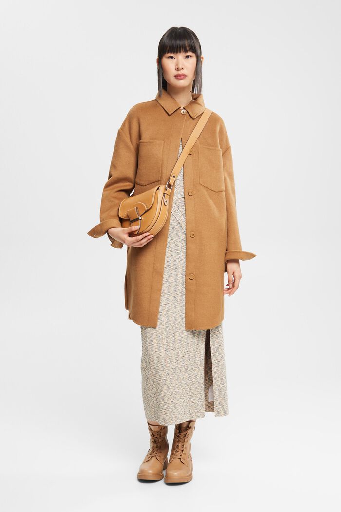 Abrigo en mezcla de lana de estilo chaqueta-camisera, CARAMEL, detail image number 0