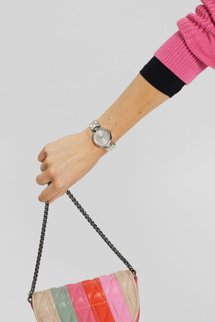 Reloj de acero inoxidable con pulsera de eslabones y circonita, SILVER, detail image number 2