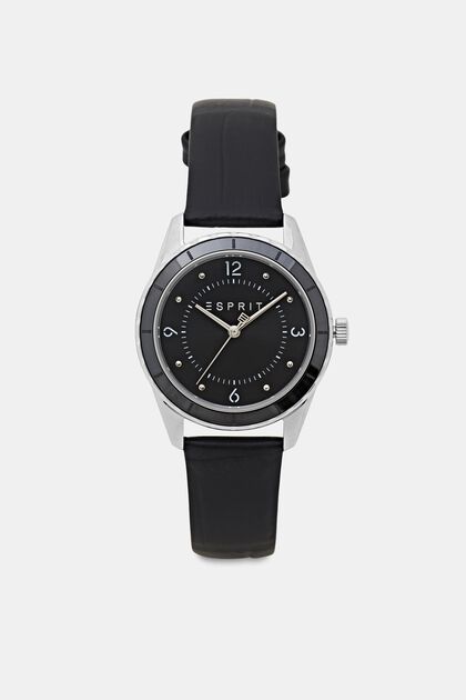 Reloj de acero inoxidable con pulsera de cuero, BLACK, overview