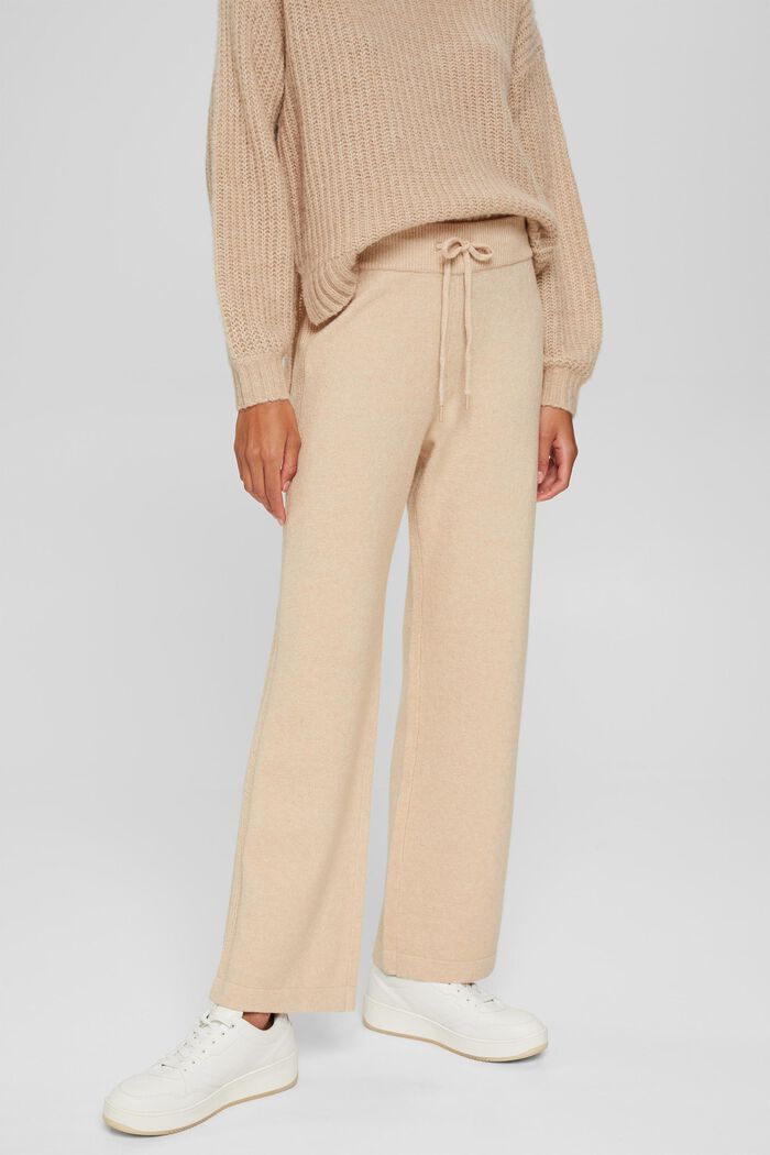 Con lana: pantalón de punto con perneras anchas, BEIGE, overview