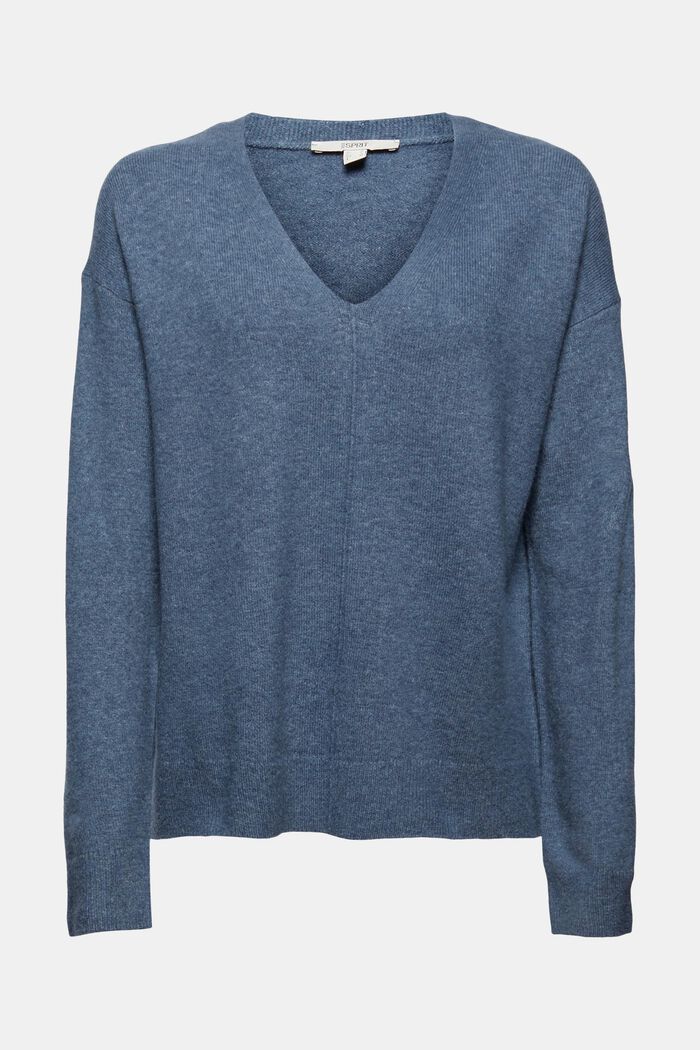 Con lana: jersey de cuello en pico, GREY BLUE, overview