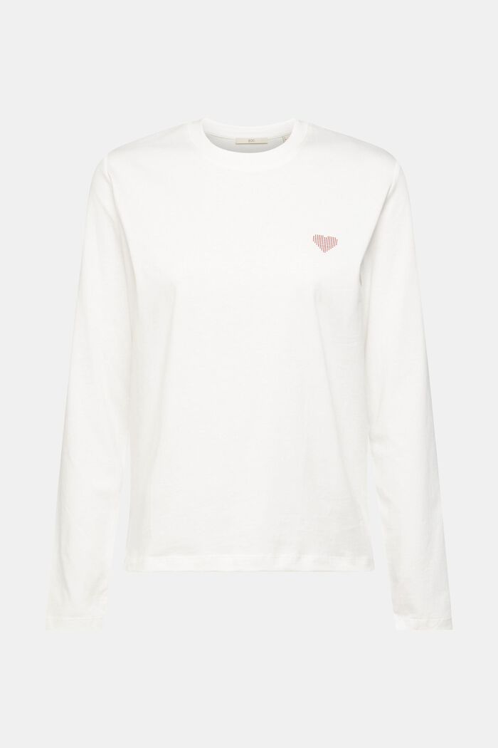 Camiseta de manga larga con estampado de corazones, 100% algodón, OFF WHITE, detail image number 2