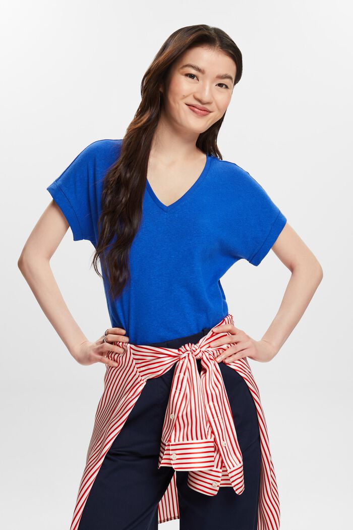 Camiseta de algodón y lino con el cuello pico, BRIGHT BLUE, detail image number 0