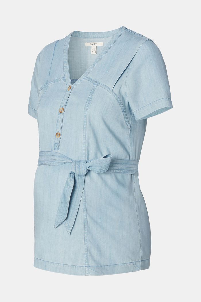 Blusa con cuello en pico y botones, blue light washed, detail image number 4