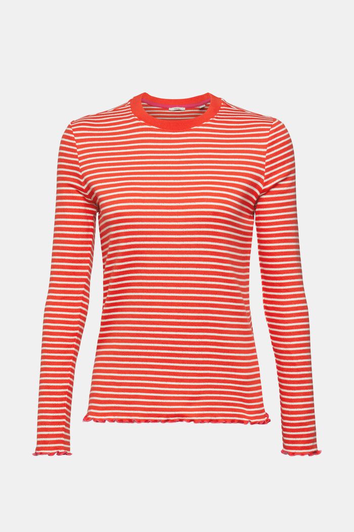 Camiseta de manga larga a rayas en algodón Pointelle, RED, overview