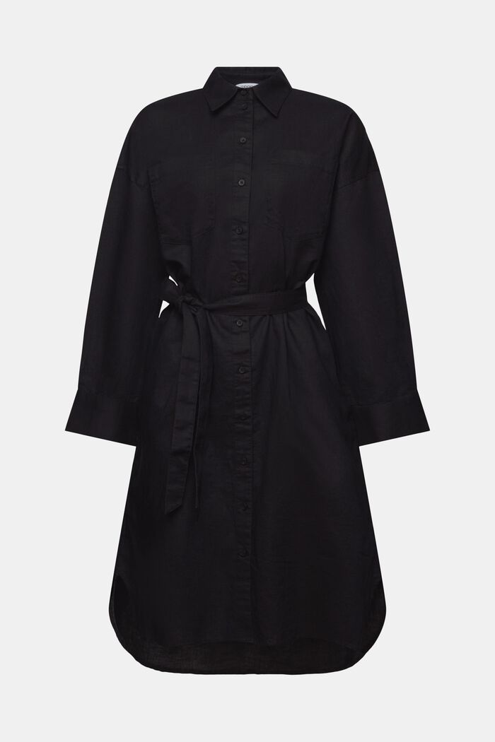 Vestido camisero de lino y algodón con cinturón, BLACK, detail image number 5