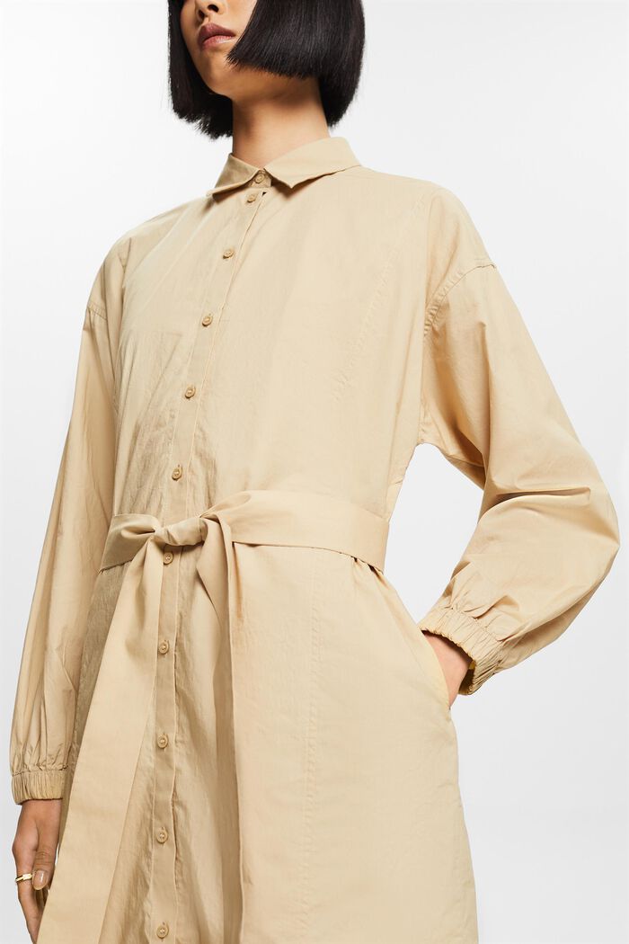 Vestido camisero de popelina de algodón con cinturón, SAND, detail image number 1
