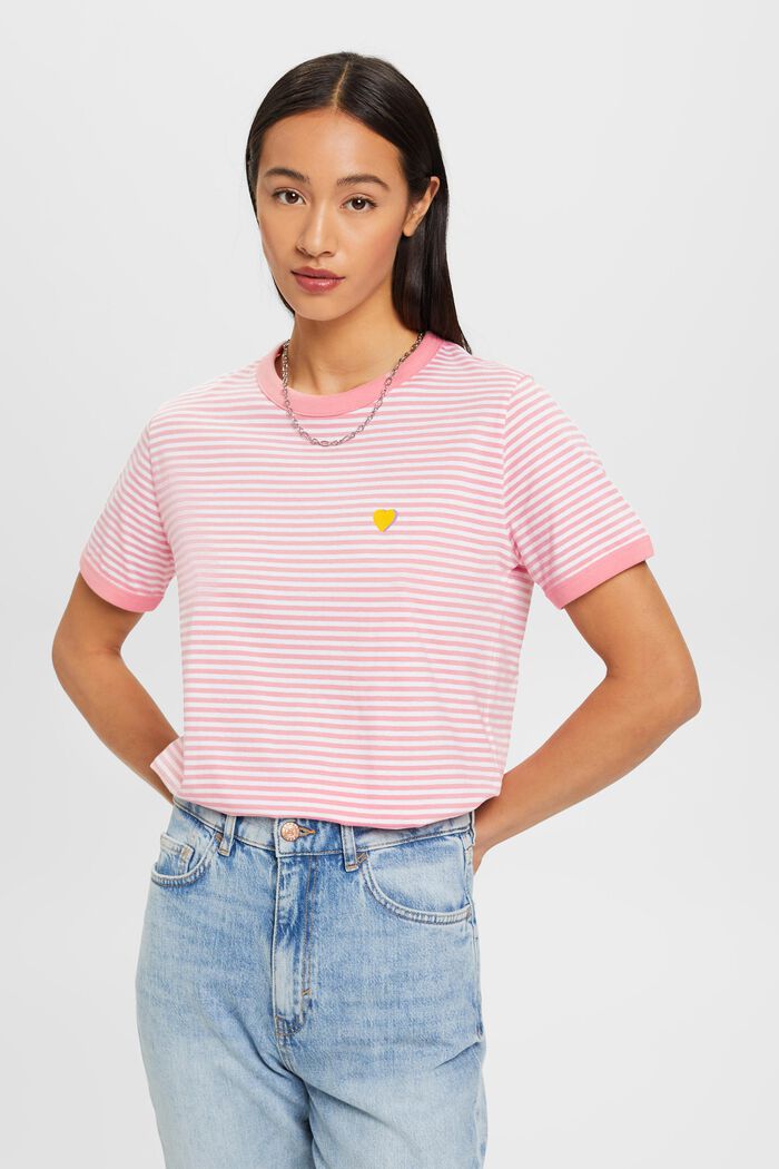 Camiseta de algodón con diseño a rayas y motivo bordado, PINK, detail image number 0