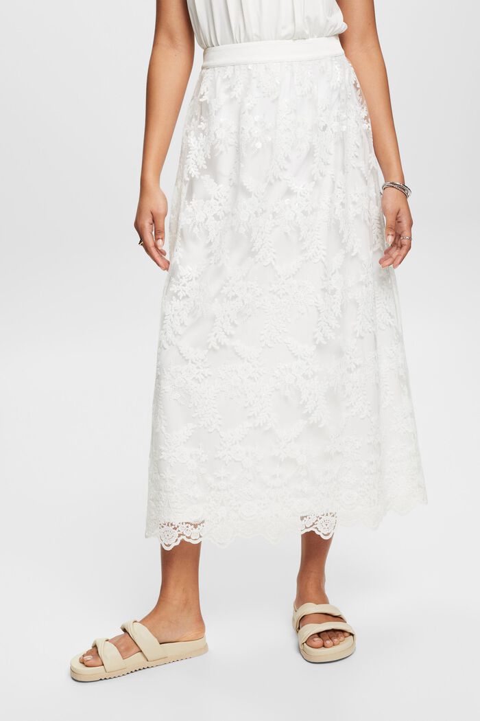 Falda midi con flores bordadas, OFF WHITE, detail image number 0