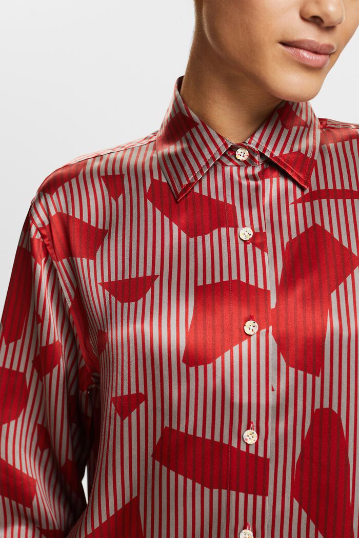 Camisa de seda estampada sin botones en el cuello, DARK RED, detail image number 2