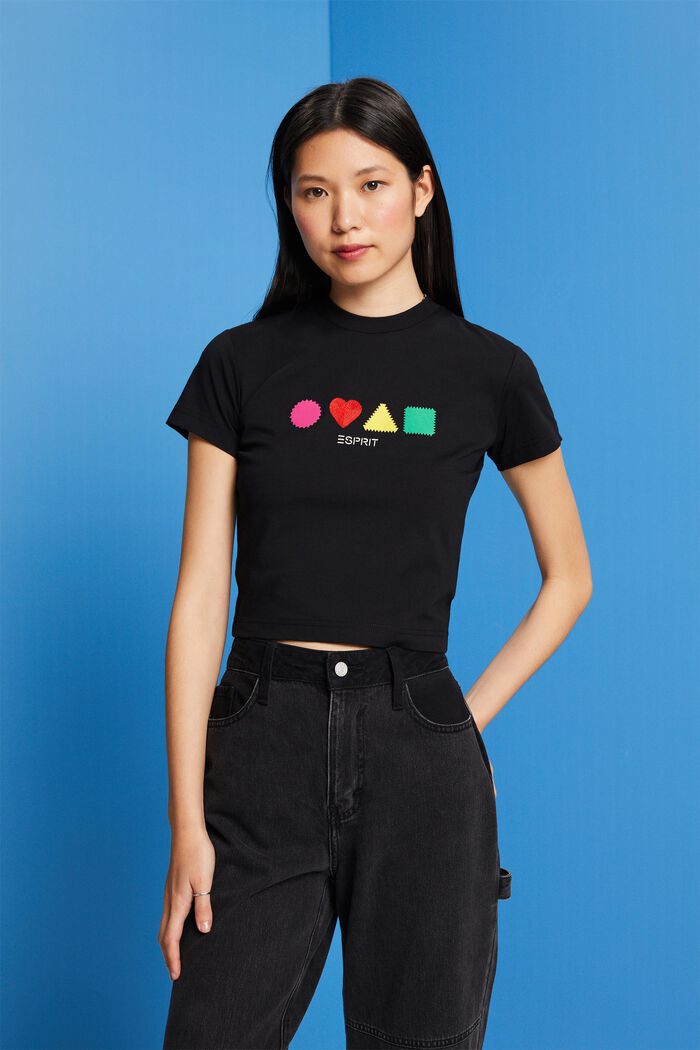 Camiseta de algodón ecológico con estampado geométrico, BLACK, detail image number 4