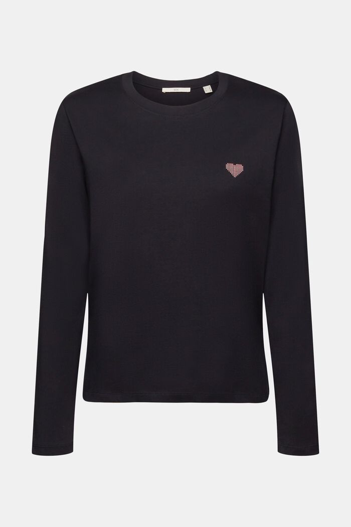 Camiseta de manga larga con estampado de corazones, 100% algodón, BLACK, detail image number 6