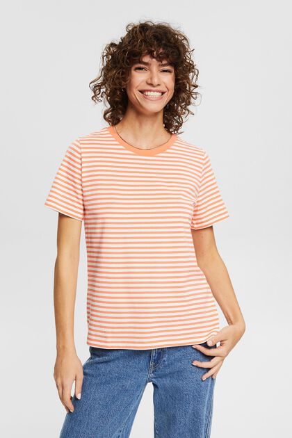 Camiseta de algodón ecológico con diseño a rayas, CORAL ORANGE, overview
