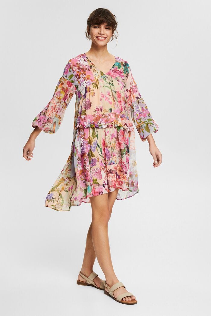 Reciclado: vestido de gasa con motivo floral, PINK FUCHSIA, detail image number 1