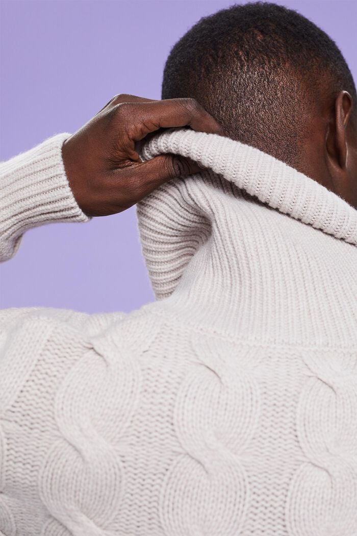 Jersey de punto trenzado de lana con cuello chal, LIGHT TAUPE, detail image number 3
