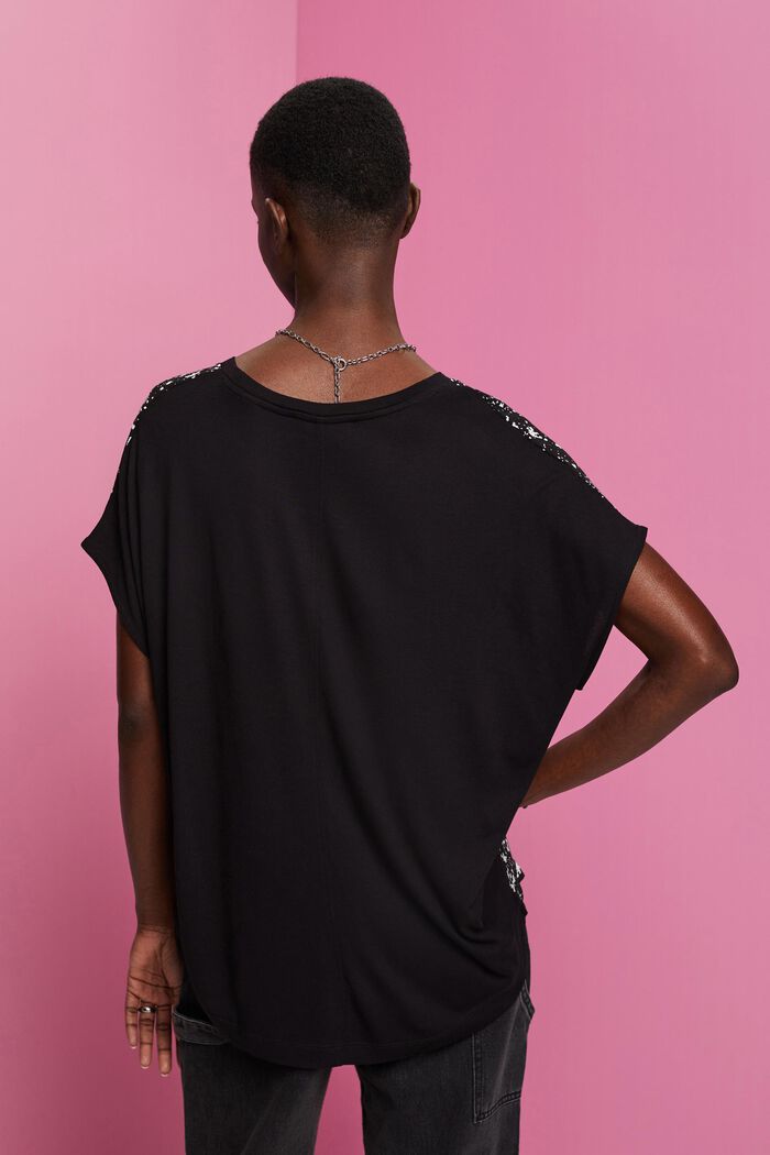 Camiseta en mezcla de tejidos, LENZING™ ECOVERO™, BLACK, detail image number 3