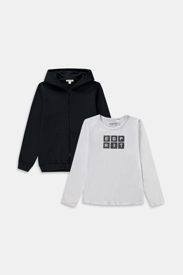 Conjunto combinado: Sudadera con capucha y cremallera y camiseta de manga larga, BLACK, detail image number 0