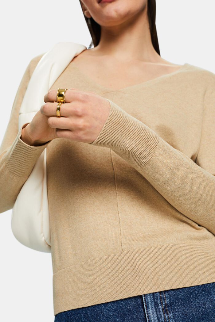 Jersey de algodón con el cuello en pico, SAND, detail image number 2