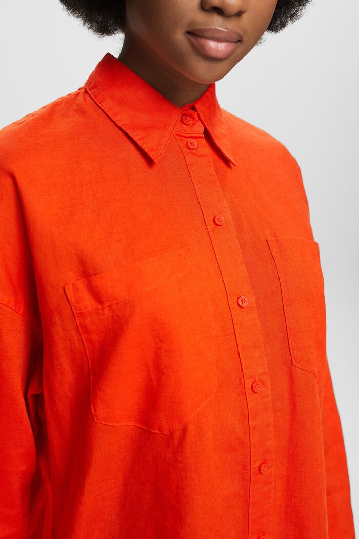 Vestido camisero de lino y algodón con cinturón, BRIGHT ORANGE, detail image number 3