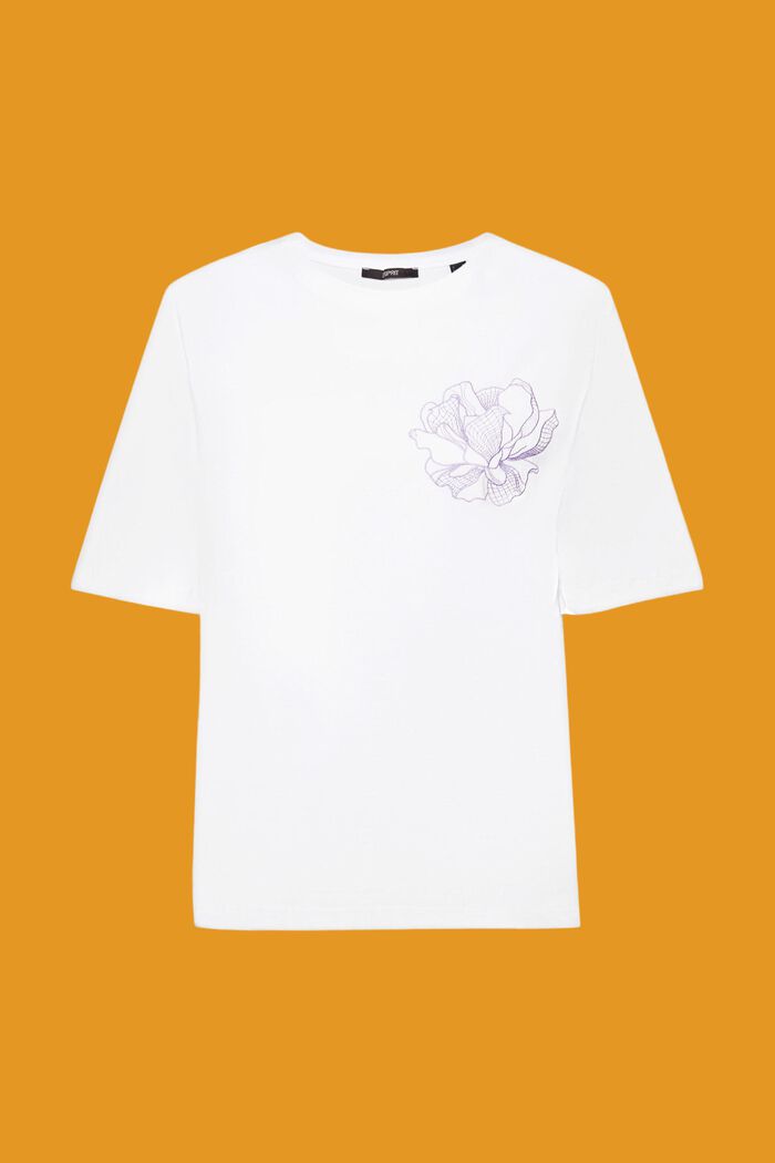 Camiseta de algodón con bordado de flor, OFF WHITE, detail image number 6