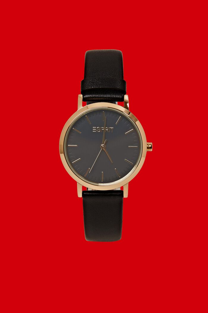 Reloj de acero inoxidable con cinta de piel, GOLD, detail image number 0