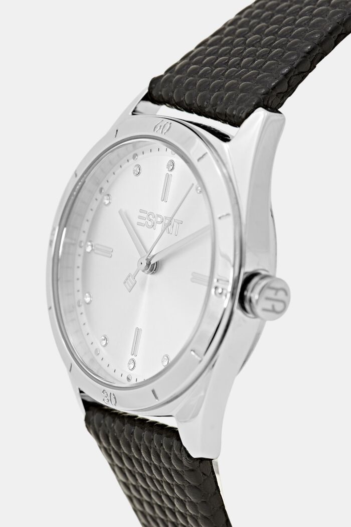 Reloj de acero inoxidable con correa de cuero texturizada, BLACK, detail image number 1