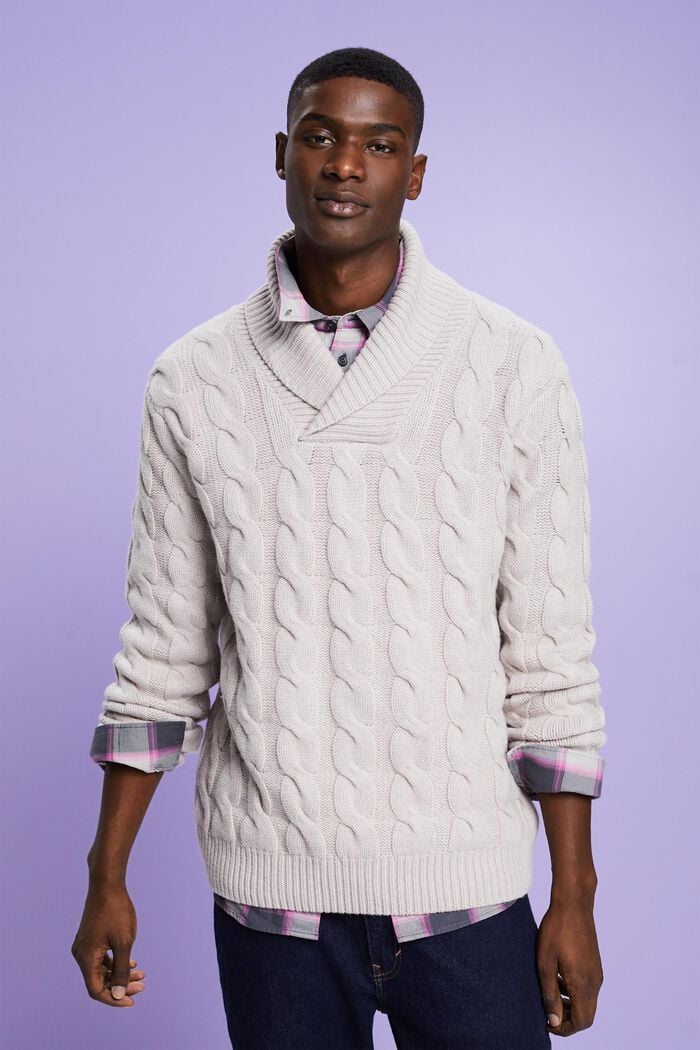 Jersey de punto trenzado de lana con cuello chal, LIGHT TAUPE, detail image number 0